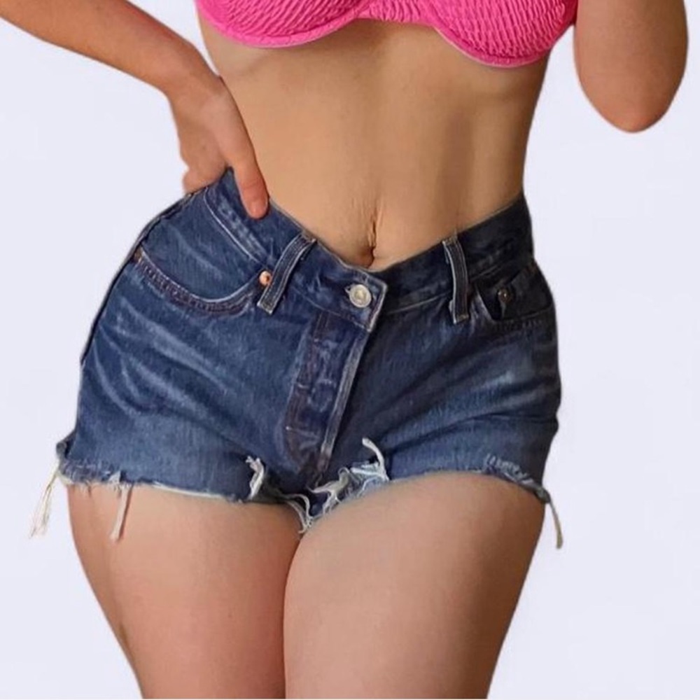 Levi's 501 Dark Wash High-Rise Raw Hem Denim Booty Shorts